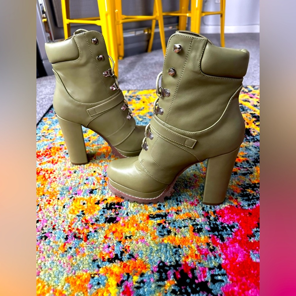 Olive Green Women's Faux Leather Platform Booties